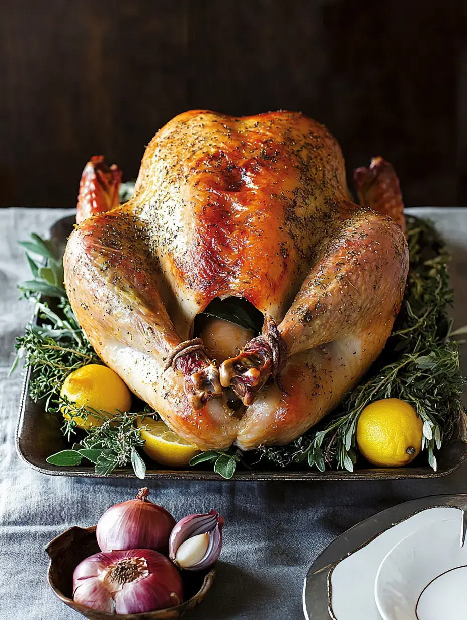 A beautifully roasted turkey garnished with herbs and lemons sits on a serving platter next to shallots and a white plate.