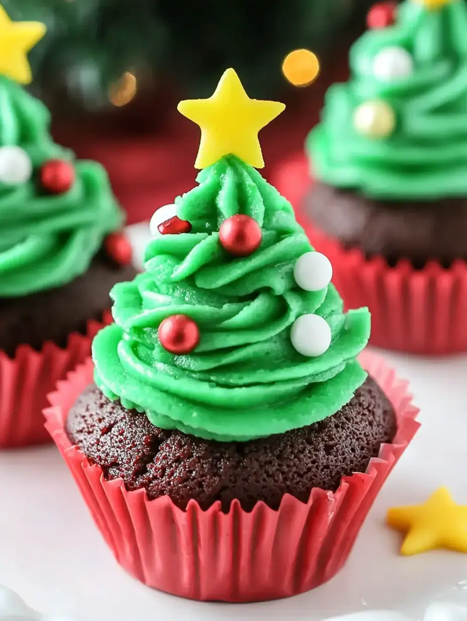 Three festive cupcakes decorated like Christmas trees with green frosting, red and white candy ornaments, and a yellow star on top, set against a blurred holiday background.