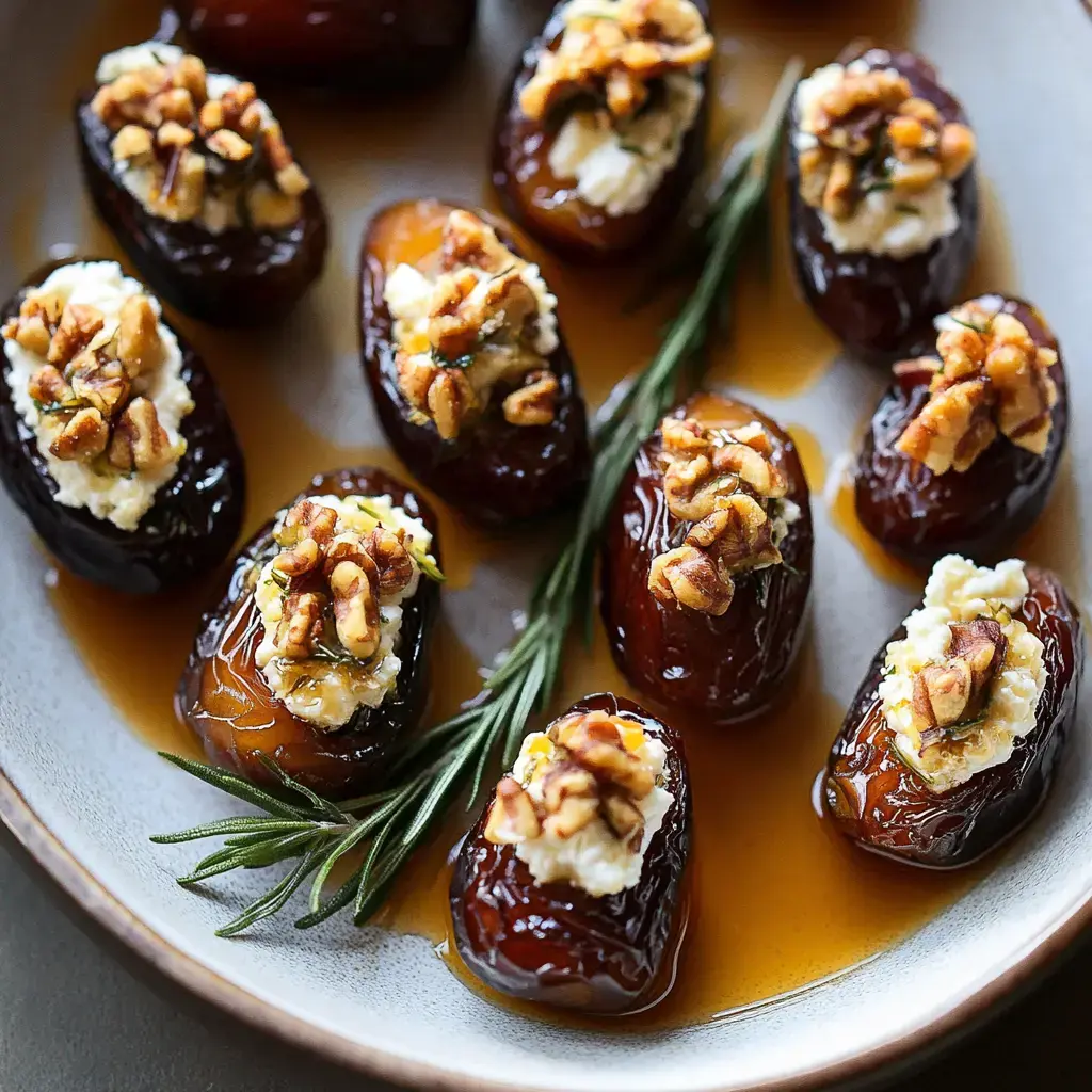 A plate of stuffed dates topped with chopped nuts and drizzled with syrup, garnished with sprigs of rosemary.