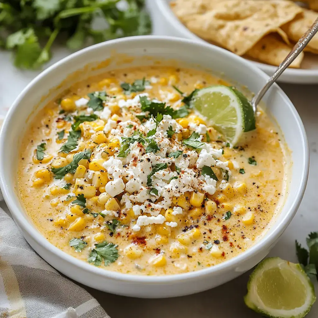 A bowl of creamy corn soup topped with crumbled cheese, fresh cilantro, and a wedge of lime, accompanied by tortilla chips.