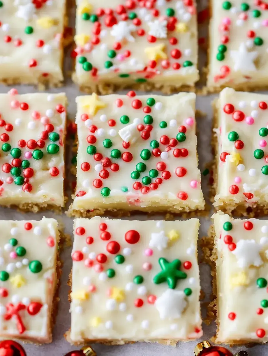 A close-up of festive, decorated dessert squares topped with red, green, pink, and white sprinkles.