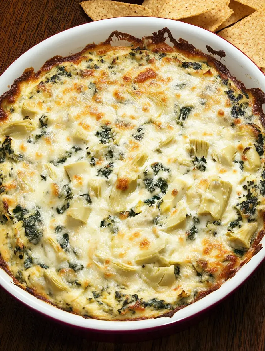 A baked spinach and artichoke dip, melted and golden brown, served in a white dish alongside tortilla chips.