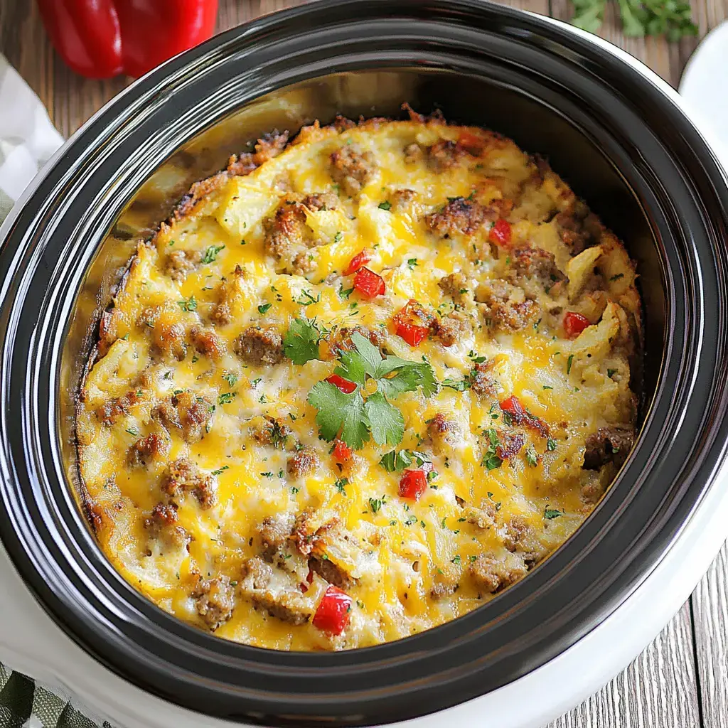 A close-up view of a baked casserole dish filled with a cheesy egg mixture, sausage, and diced red peppers, garnished with fresh cilantro.