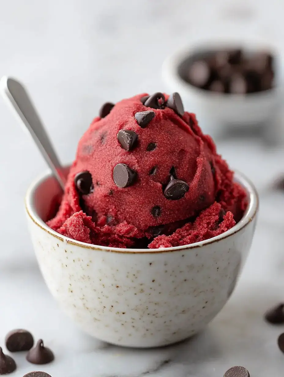 A scoop of red sorbet topped with chocolate chips sits in a speckled white bowl, with a small dish of chocolate chips in the background.