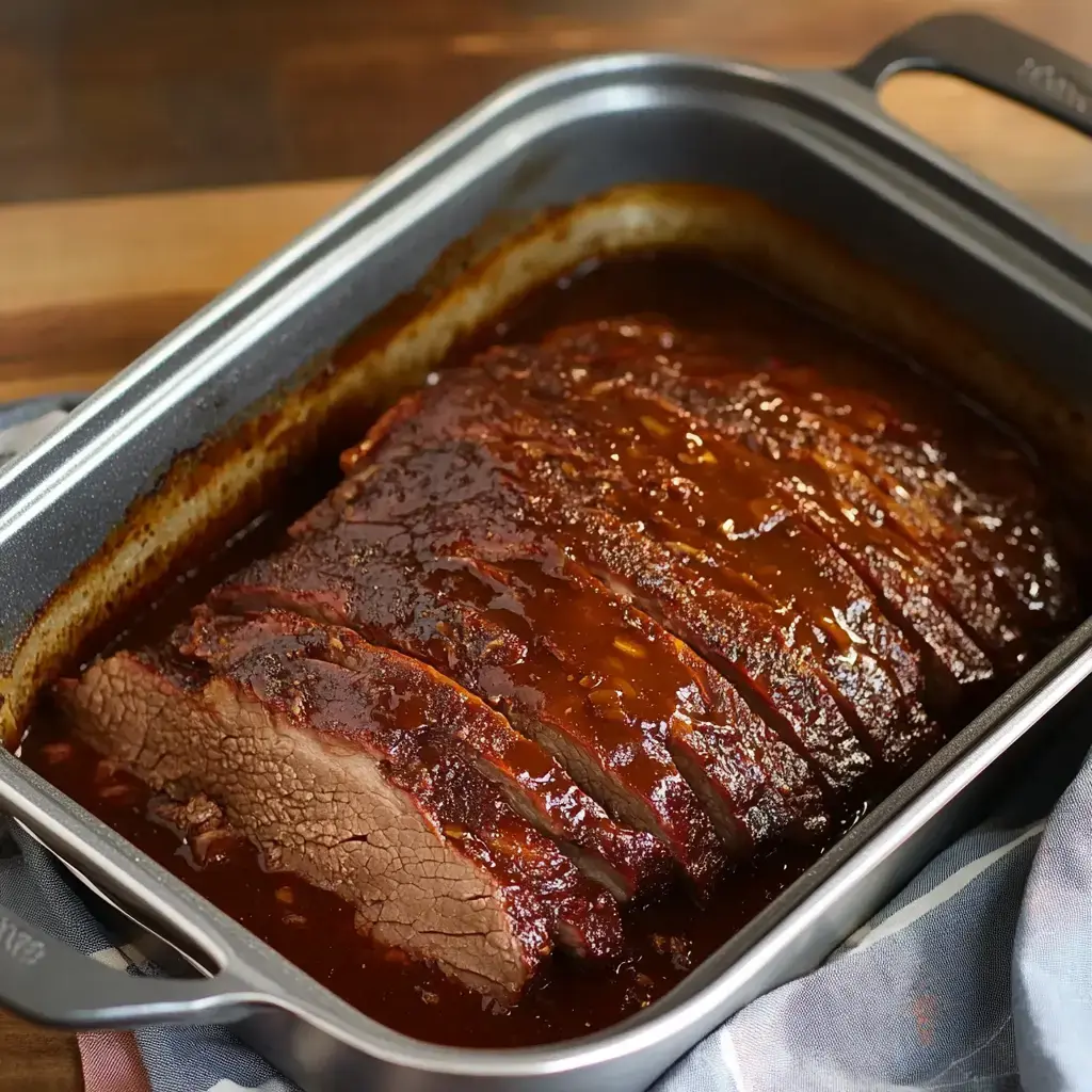 A sliced, glazed piece of beef brisket resting in a roasting pan.