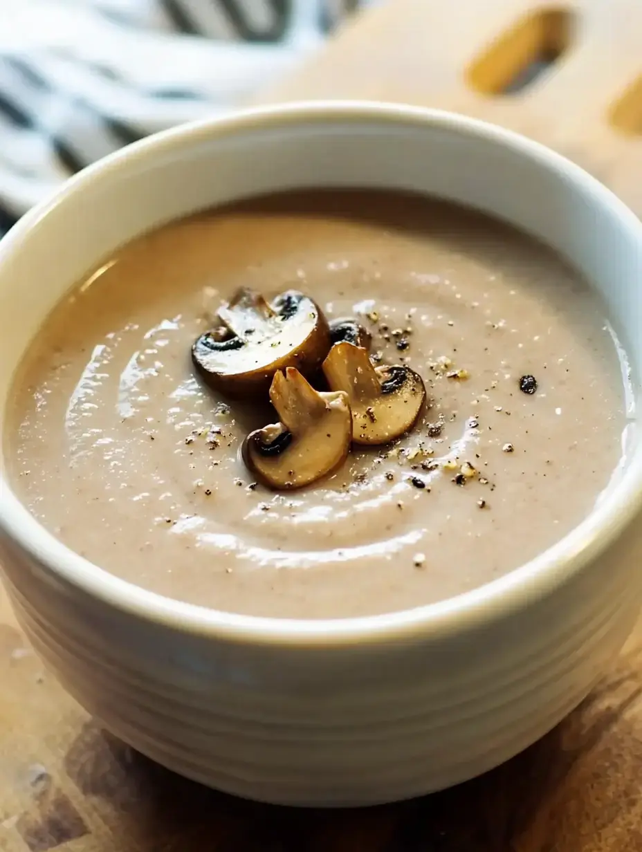 A bowl of creamy mushroom soup garnished with sliced mushrooms and pepper.