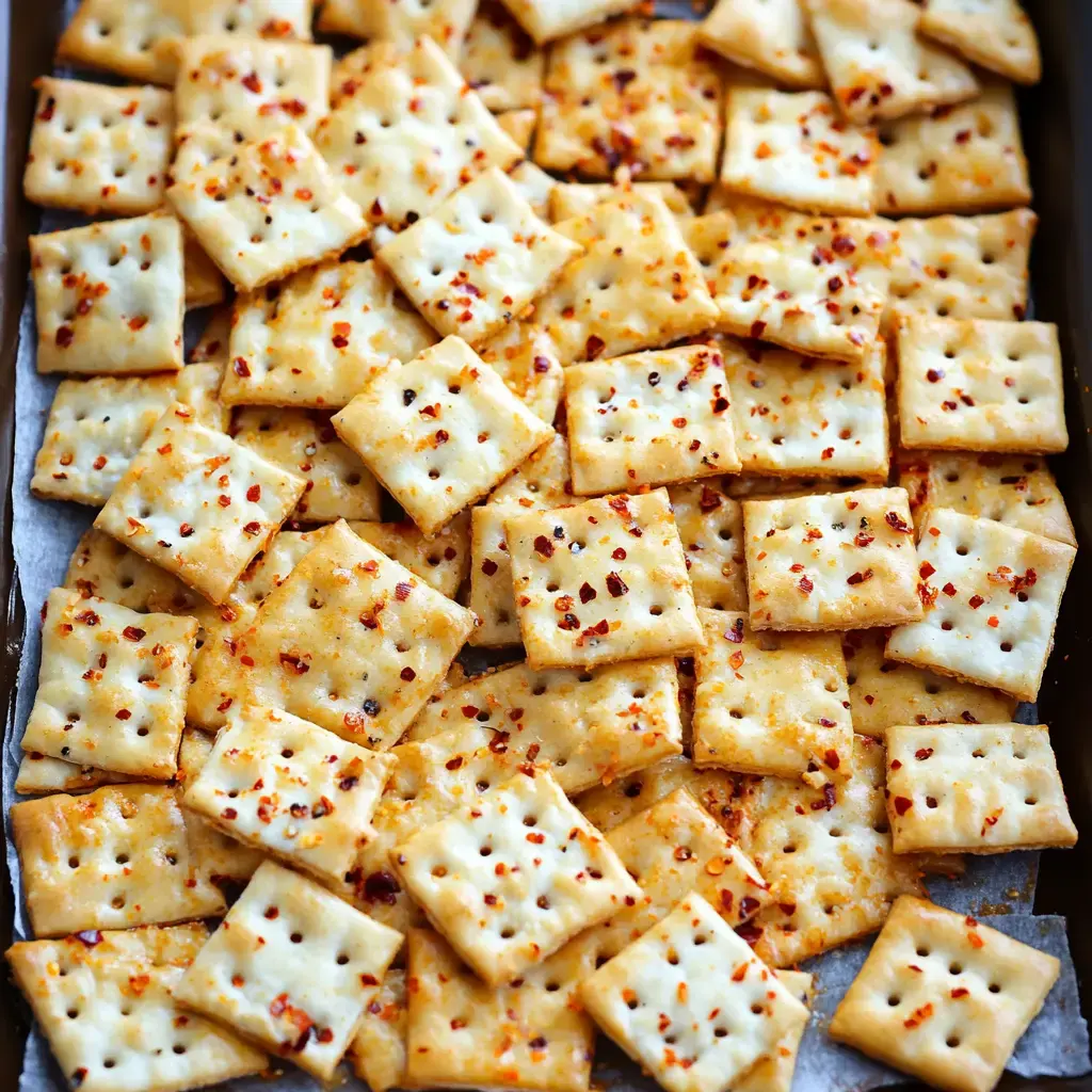 A close-up view of a tray filled with seasoned square crackers sprinkled with red spices.