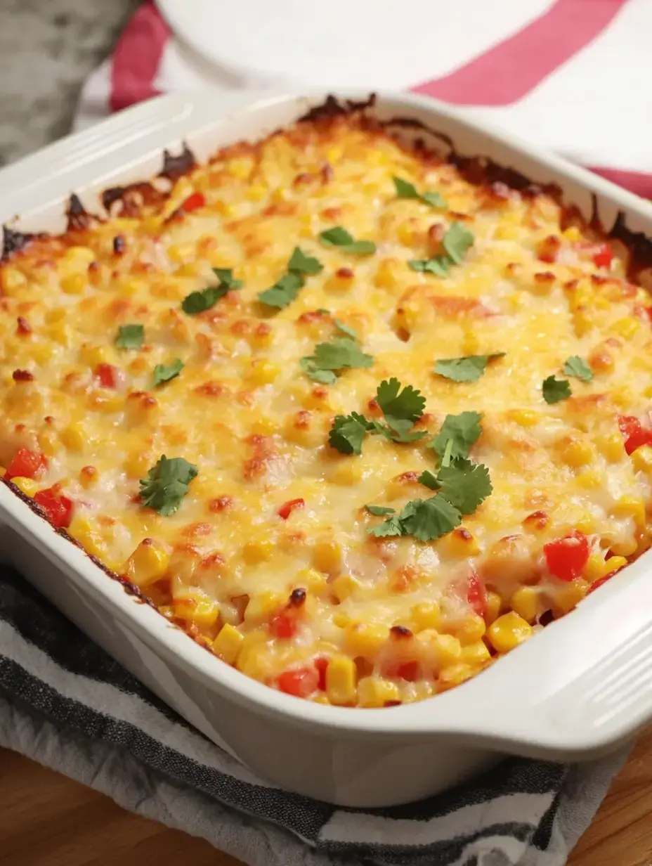 A golden-brown casserole dish filled with cheesy corn and bell pepper topping, garnished with fresh cilantro.