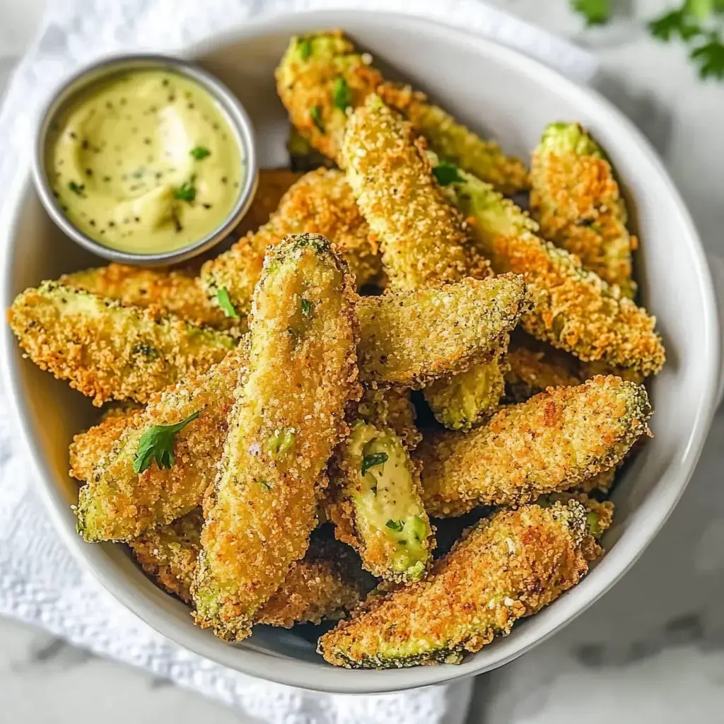 A bowl of crispy, breaded avocado slices served with a small dish of dipping sauce.