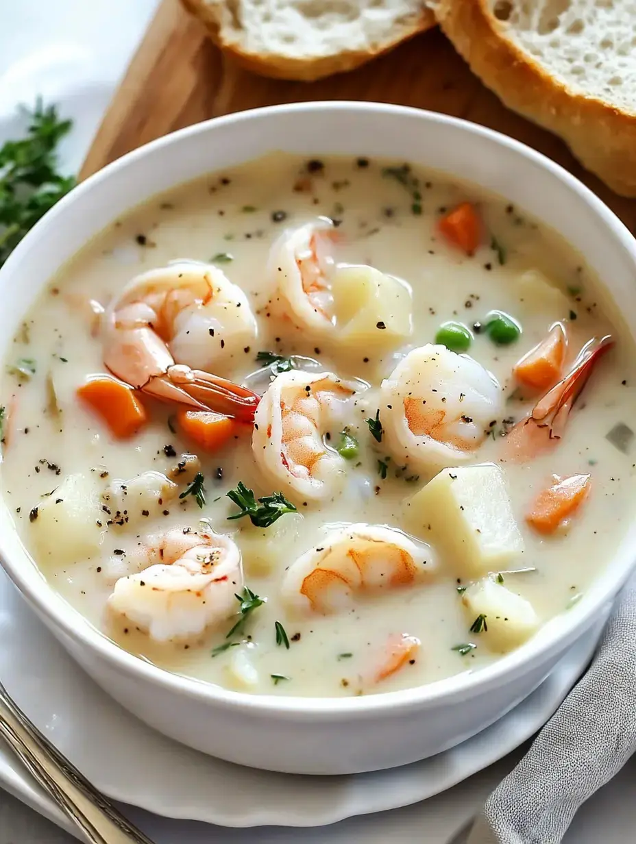 A creamy shrimp chowder with vegetables, garnished with herbs, served in a white bowl alongside slices of bread.