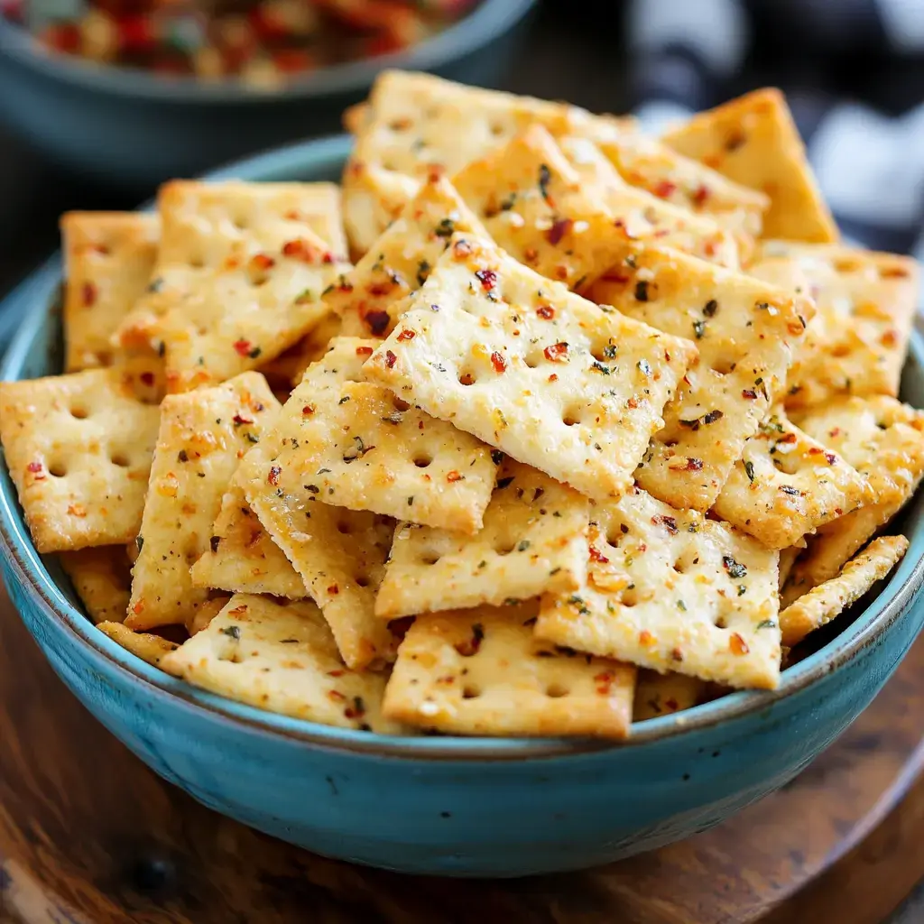 A teal bowl filled with a pile of seasoned crackers, showcasing a golden-brown color with visible herbs and spices.