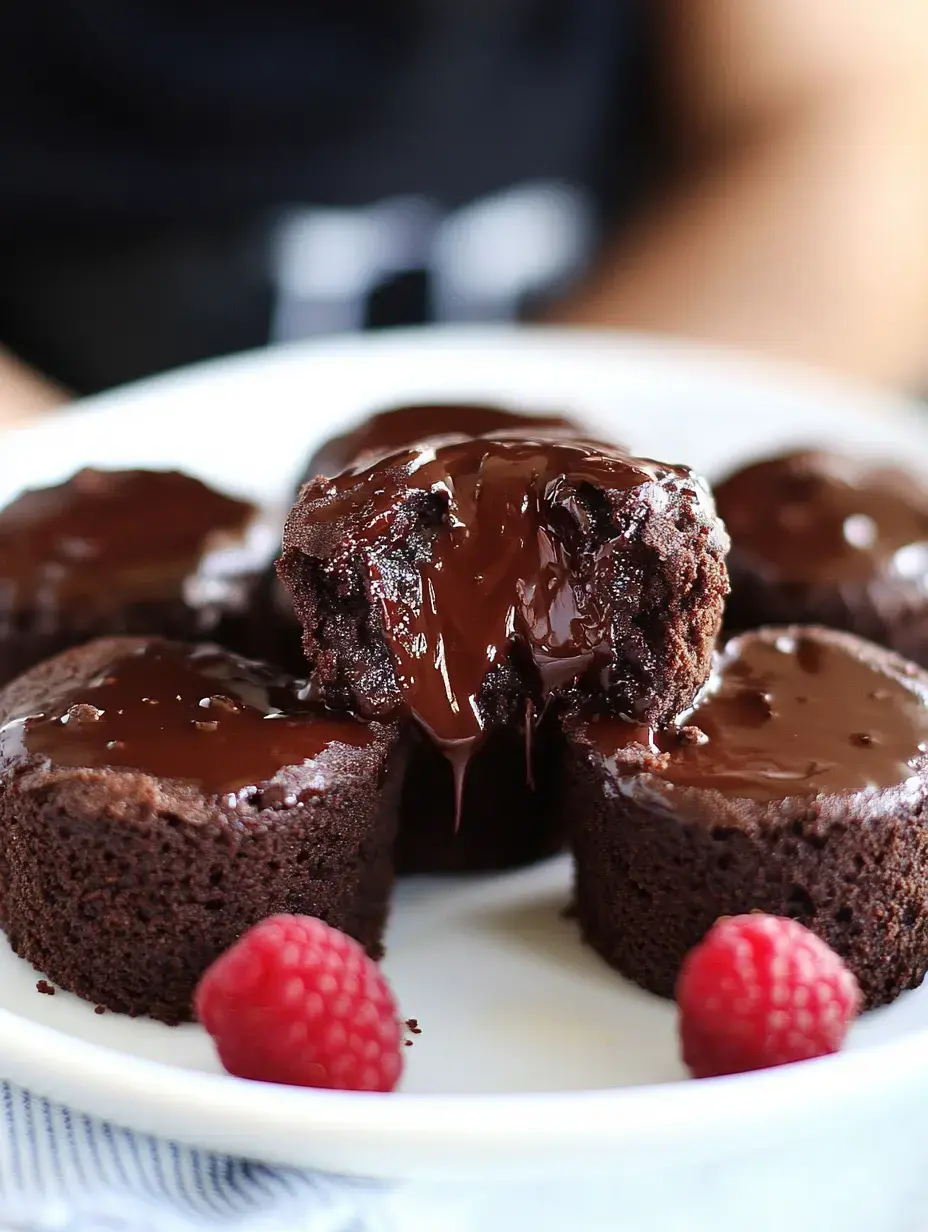 A plate of chocolate lava cakes, one cut open to reveal melting chocolate inside, accompanied by fresh raspberries.