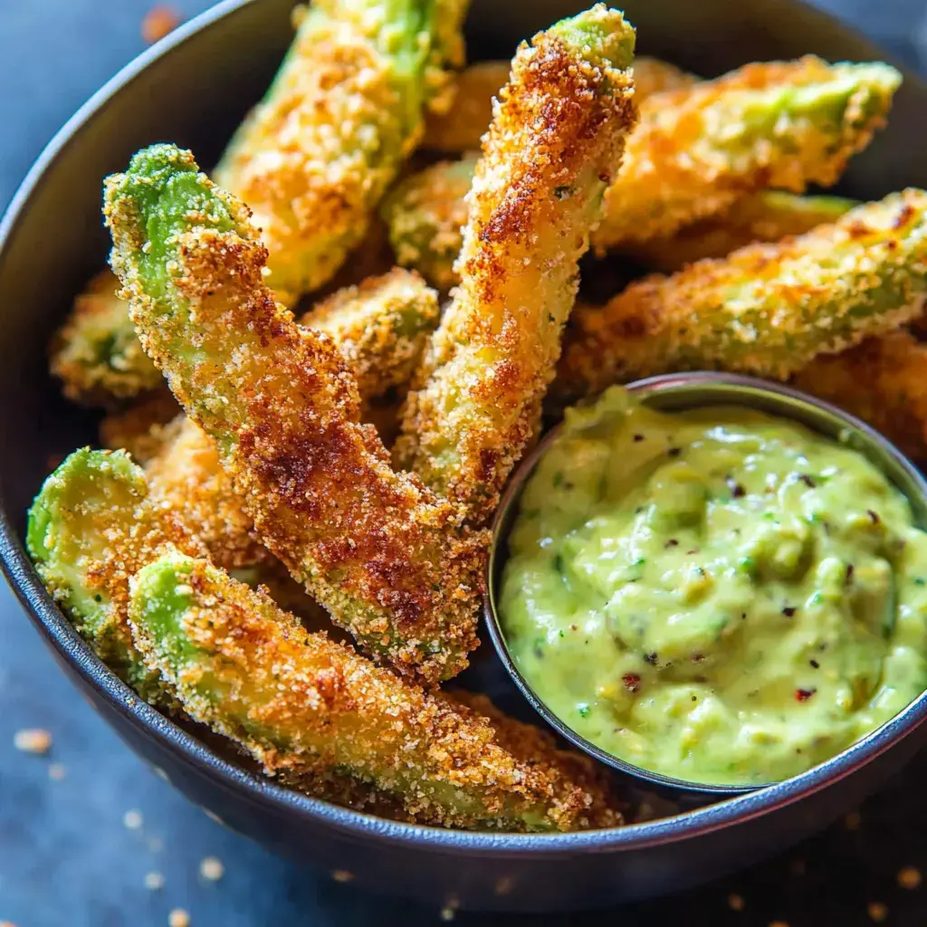 A bowl of crispy, breaded avocado slices served with a small dish of creamy green dip.