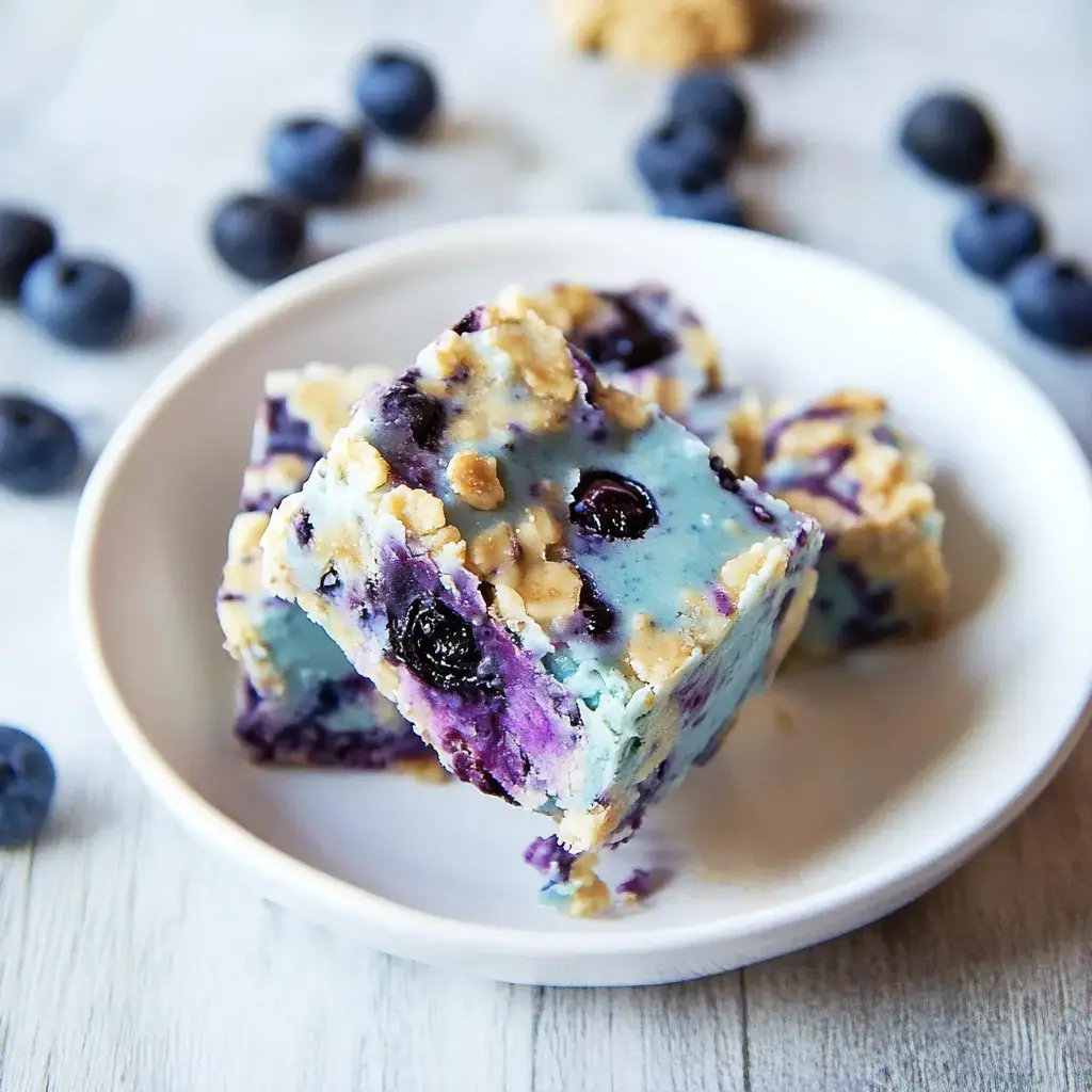 A close-up of blueberry-flavored dessert squares with a blue and purple swirl, served on a white plate and surrounded by fresh blueberries.