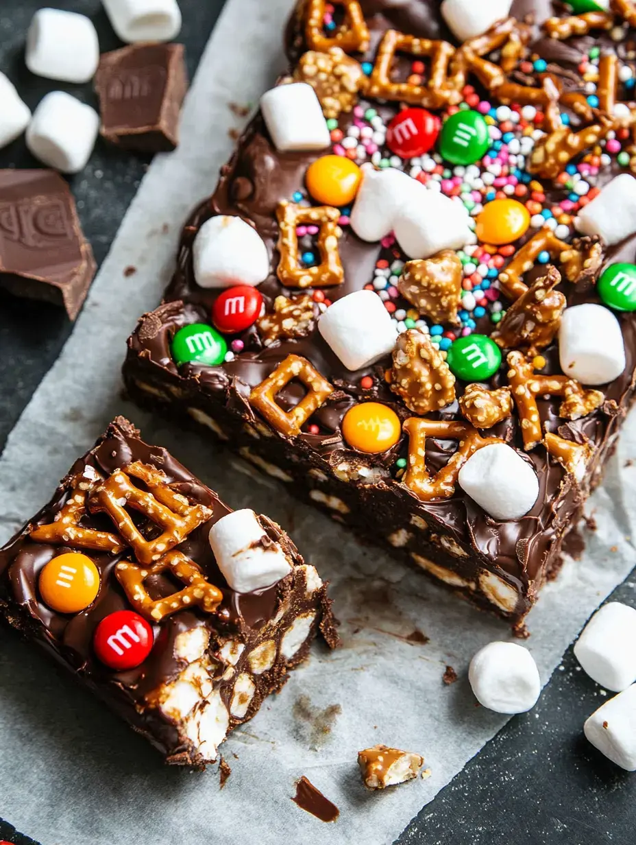 A chocolate dessert topped with colorful candy, pretzels, and marshmallows, with a slice cut out revealing its layered texture.