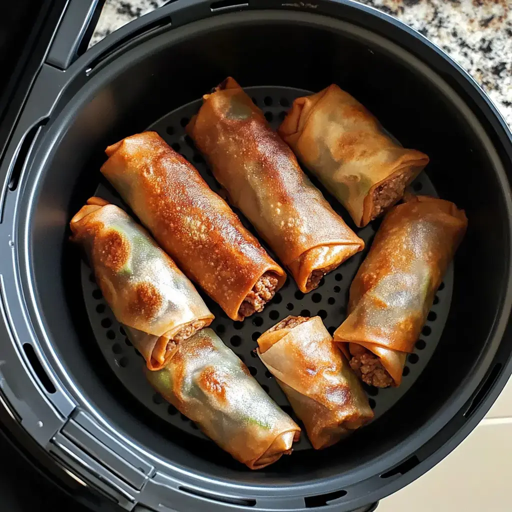 A close-up of several golden-brown spring rolls arranged inside an air fryer basket.