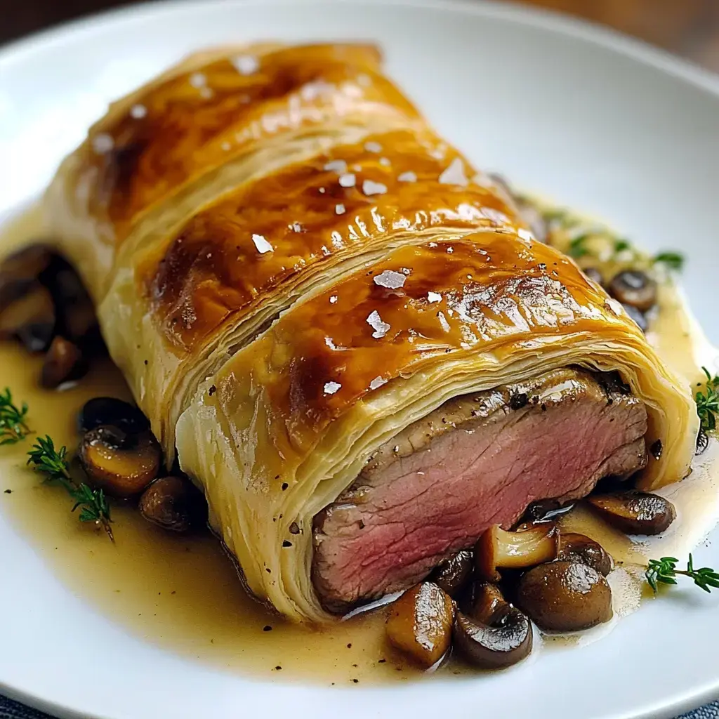 A beautifully cooked beef Wellington with a golden brown pastry crust, served on a plate with sautéed mushrooms and a drizzle of sauce.