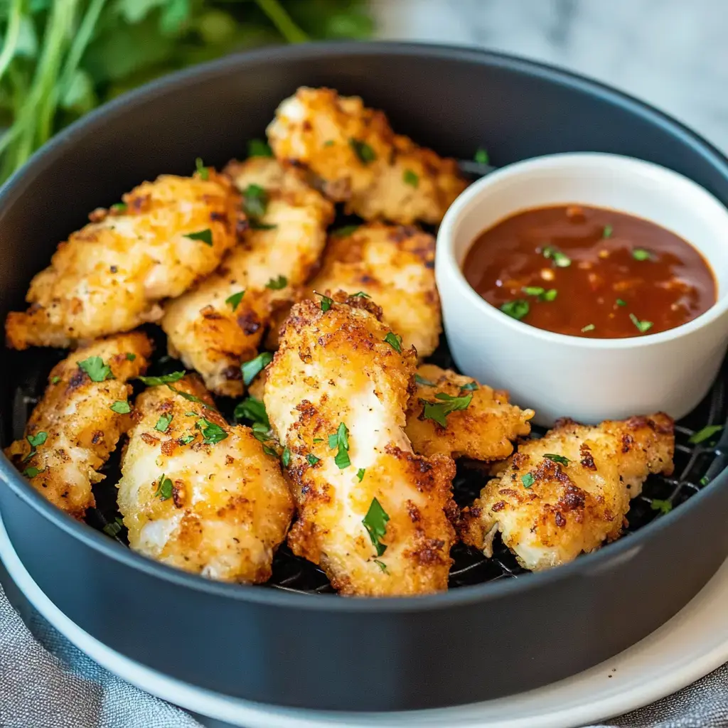 A serving of crispy fried chicken tenders garnished with herbs, accompanied by a small bowl of dipping sauce.