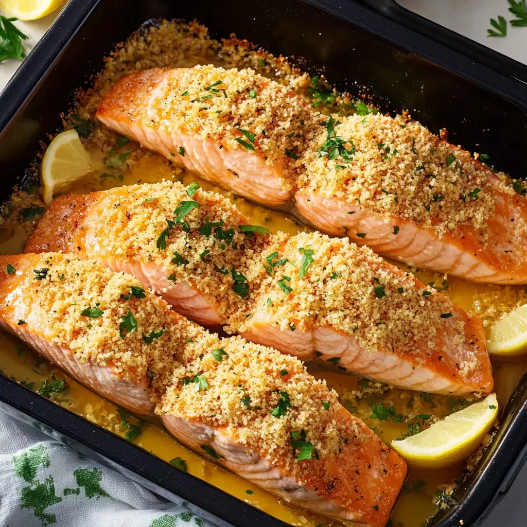 Baked salmon fillets topped with golden breadcrumbs and parsley, served with lemon wedges.