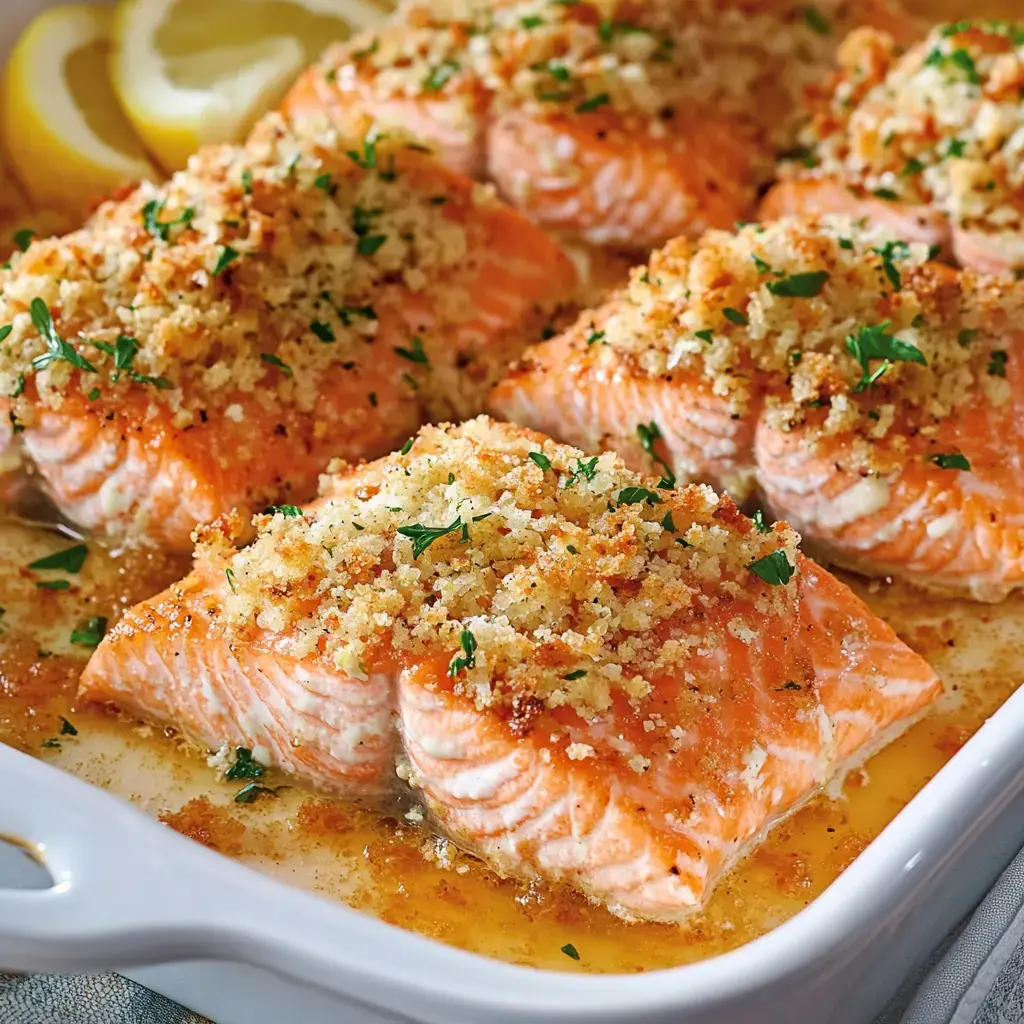 Baked salmon fillets topped with a golden breadcrumb crust and garnished with parsley, served with lemon wedges.