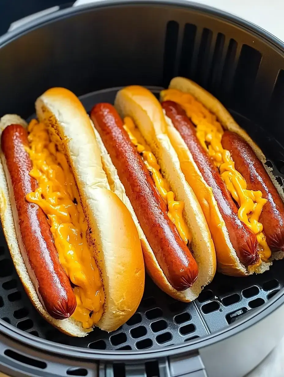 Four hot dogs with melted cheese are placed in buns inside an air fryer.