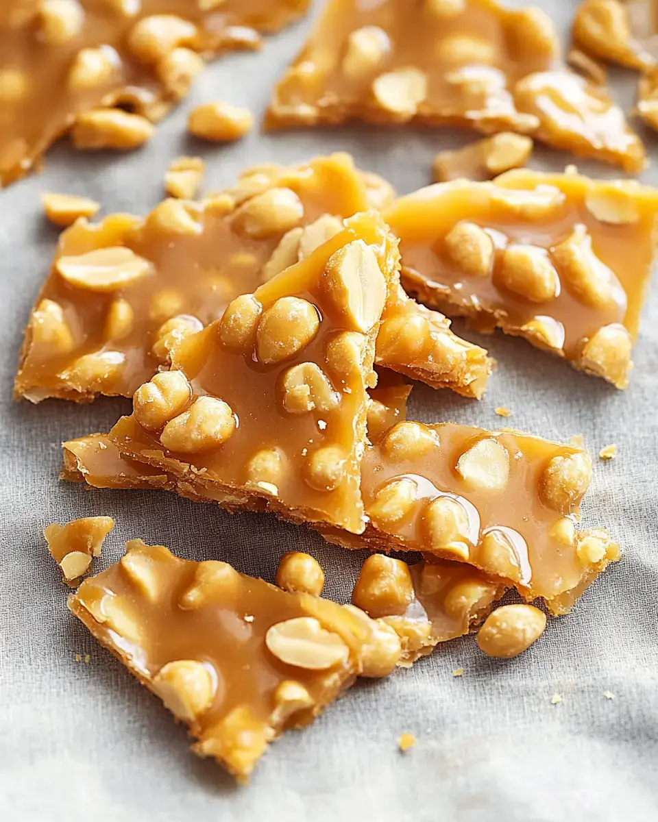 A pile of broken pieces of caramel candy studded with peanuts is scattered on a light fabric surface.