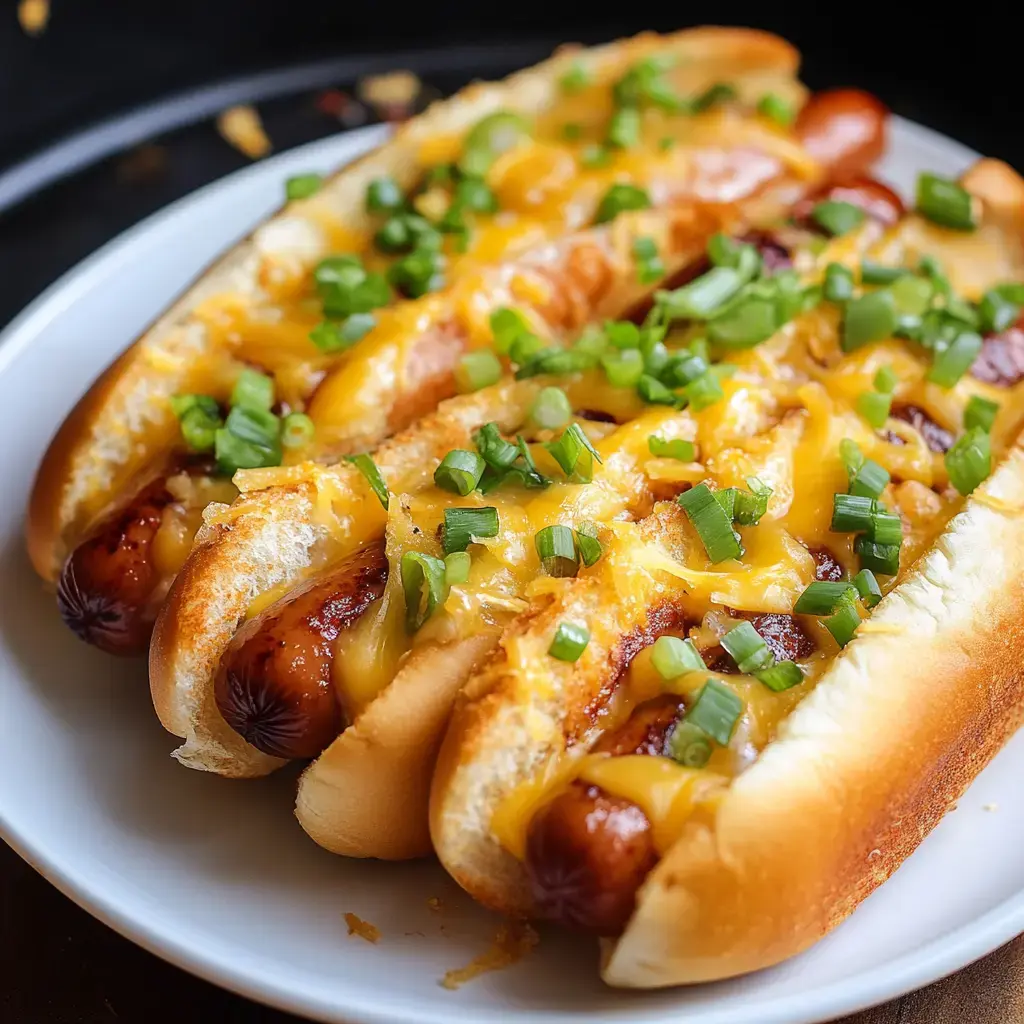 Three loaded hot dogs topped with melted cheese and chopped green onions are served on a white plate.