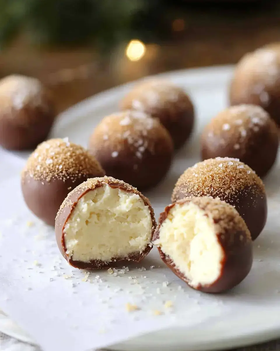 A close-up of chocolate-covered cream balls with a sugar-sprinkled exterior, one of which is cut in half to reveal a creamy filling.