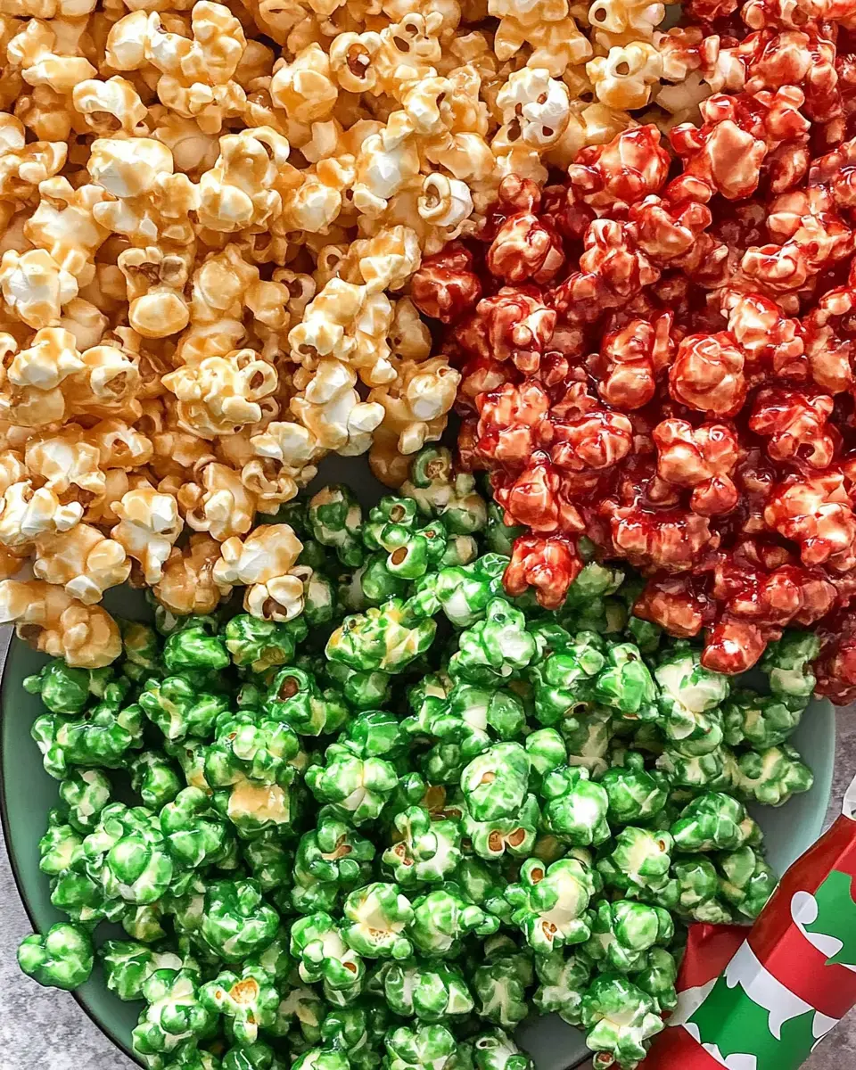 A colorful assortment of popcorn in yellow, red, and green hues is arranged in a circular pattern on a plate, with festive wrapping paper visible at the edge.