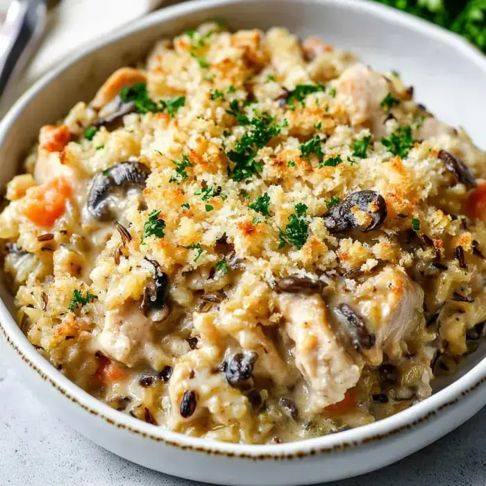 A creamy chicken and wild rice casserole topped with golden breadcrumbs and fresh parsley in a white bowl.