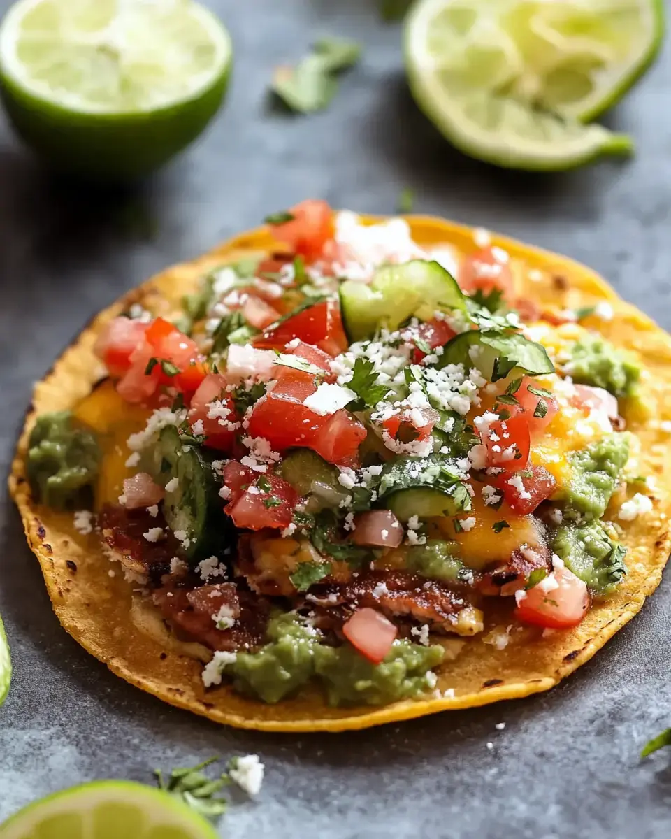 A close-up of a colorful taco topped with guacamole, cheese, diced tomatoes, and cilantro, accompanied by lime wedges on a slate surface.