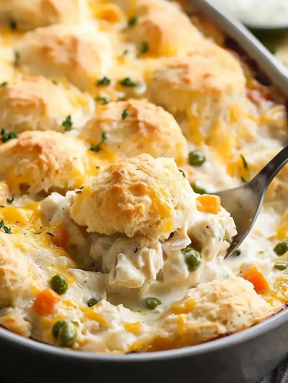 A close-up of a casserole dish filled with creamy chicken and vegetable filling topped with golden-brown biscuits.