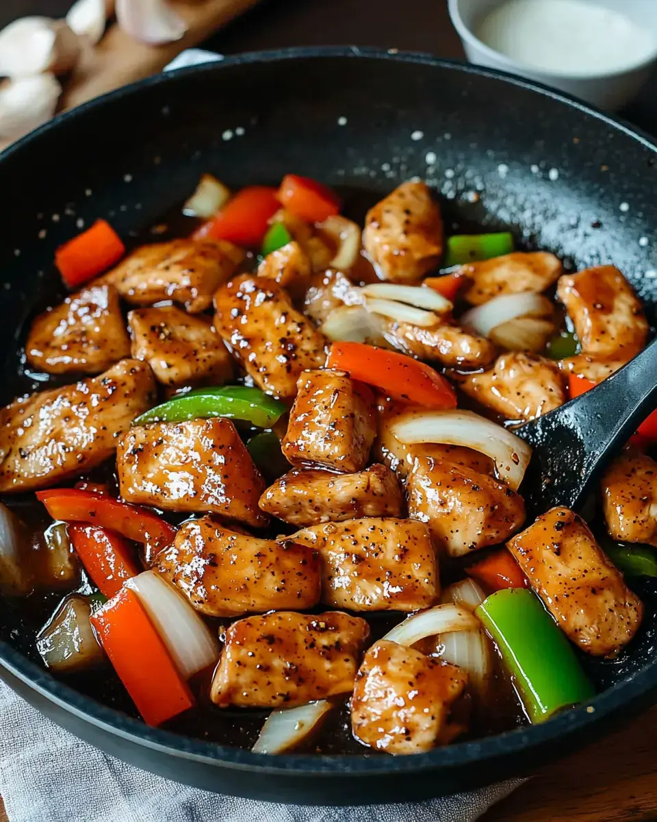 A skillet filled with diced chicken in a glossy sauce, mixed with red and green bell peppers and onions.