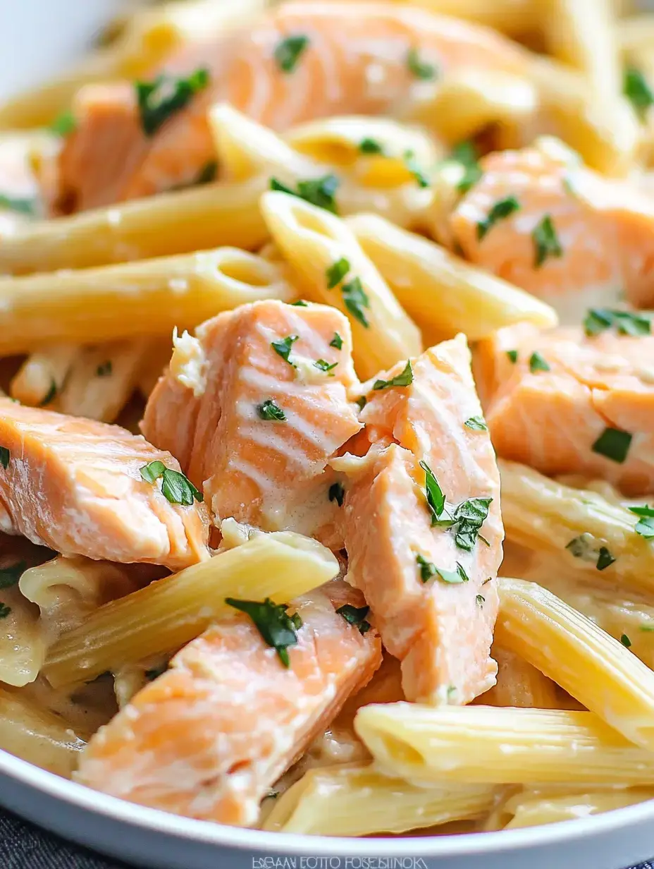 A close-up of creamy pasta with salmon and parsley, featuring penne noodles and chunks of cooked salmon.