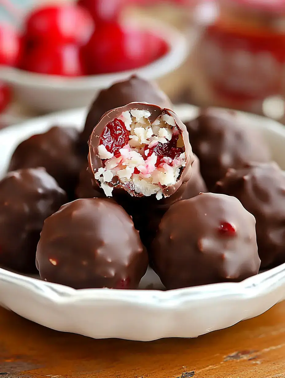 A plate of chocolate-covered fruit and nut balls, with one cut in half to reveal a filling of coconut and cherries.