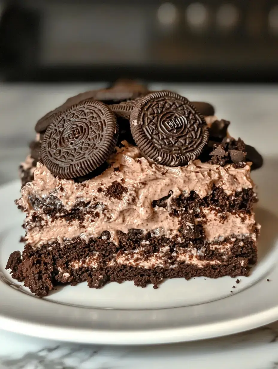 A slice of chocolate cake layered with creamy frosting and topped with whole Oreos, served on a white plate.