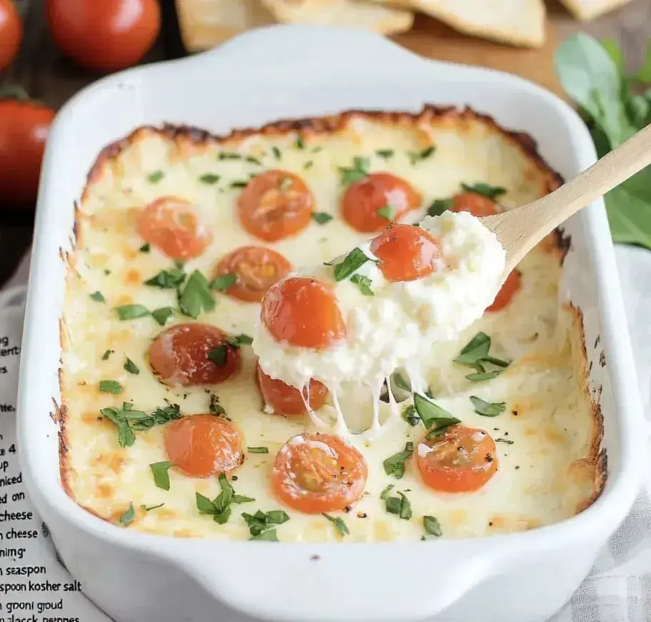 A creamy baked dish topped with roasted cherry tomatoes and sprinkled with fresh herbs, being served with a wooden spoon.