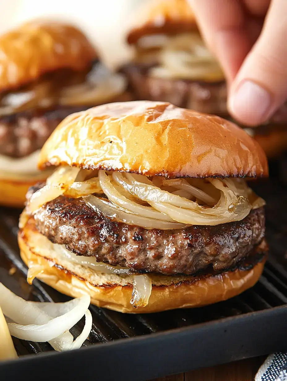 A close-up of a delicious hamburger topped with grilled onions, set on a wooden surface with additional burgers in the background.