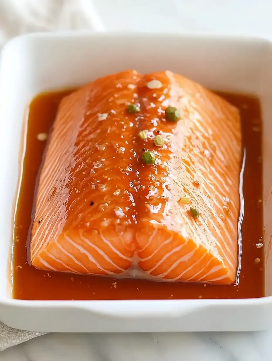 A raw salmon fillet sits in a white dish, coated in a glossy sauce and garnished with green onions.