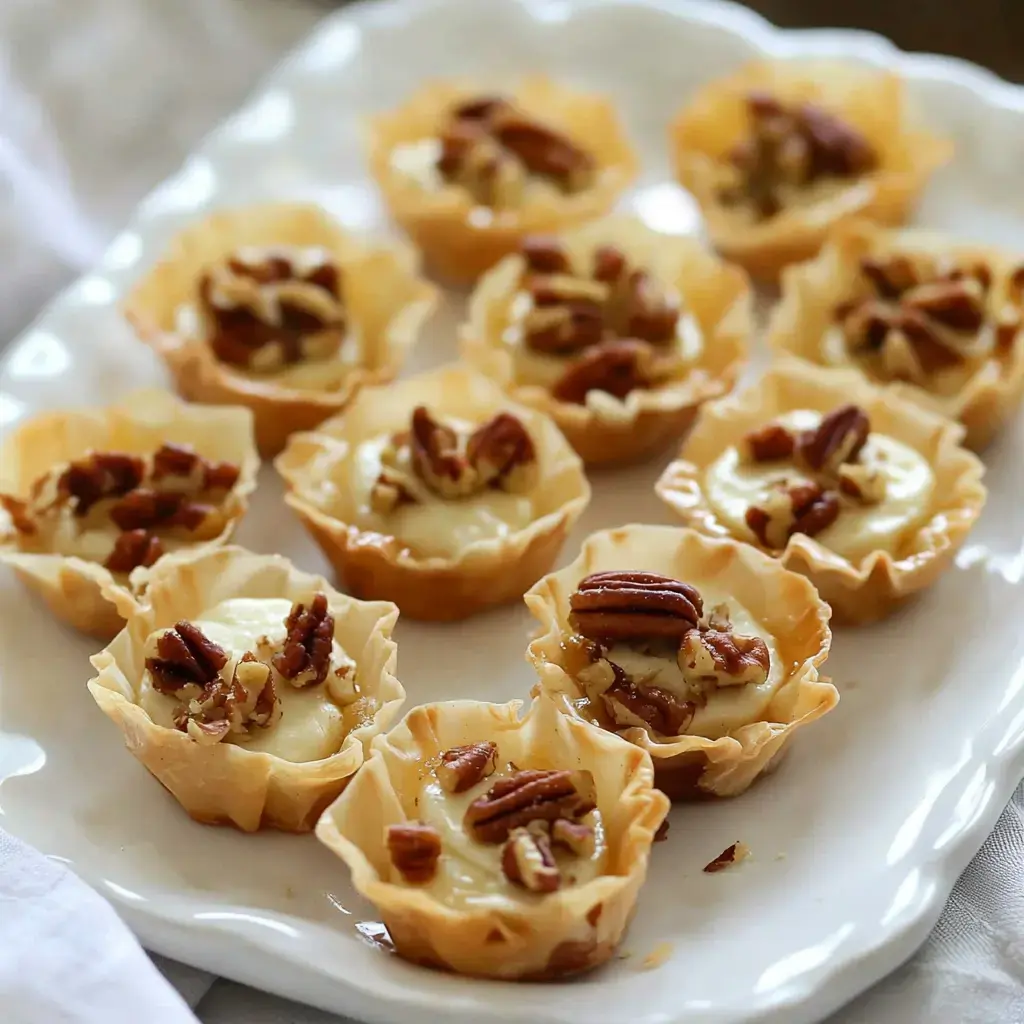 A white platter holds multiple miniature cheesecake cups topped with chopped pecans.