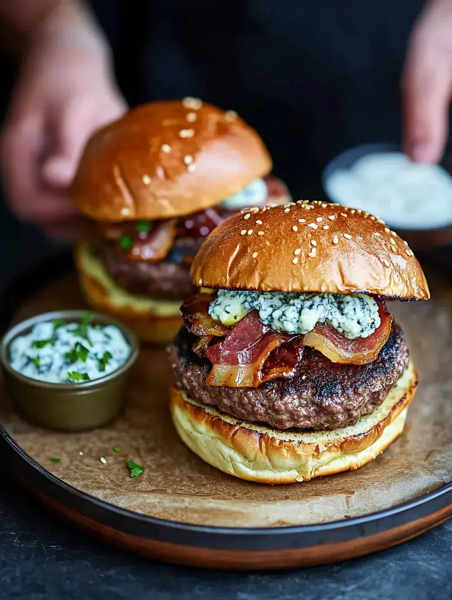 Two gourmet burgers topped with bacon and blue cheese are placed on a wooden platter, accompanied by a small bowl of dipping sauce.