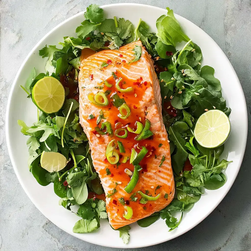 A cooked salmon fillet garnished with green onions and sauce, served on a bed of fresh greens and accompanied by lime wedges.