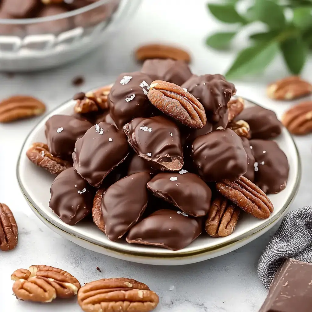 A plate piled with chocolate-covered pecans, sprinkled with sea salt, surrounded by additional pecans and a piece of chocolate.