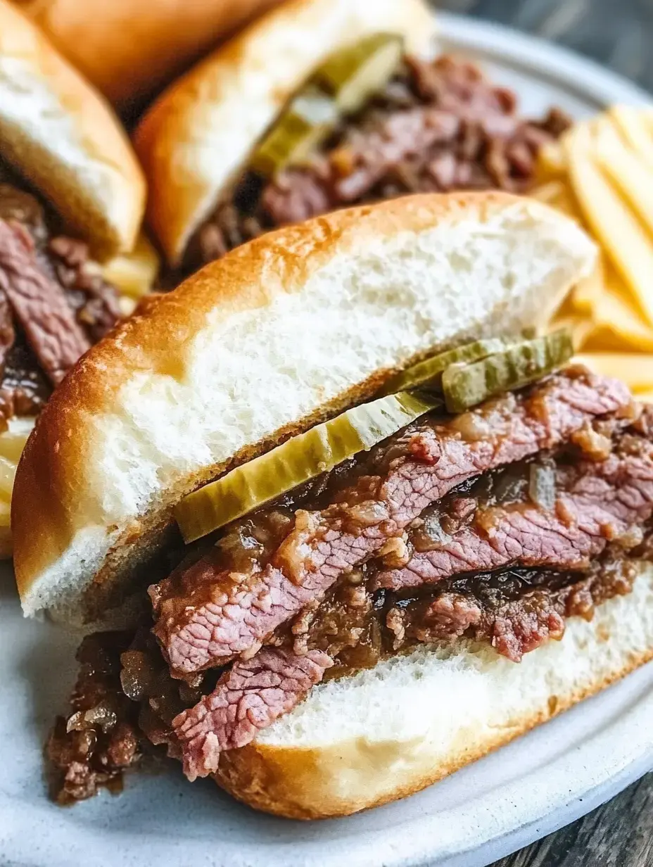 A close-up of a sandwich featuring sliced brisket, pickles, and a savory sauce, served on a soft bun.