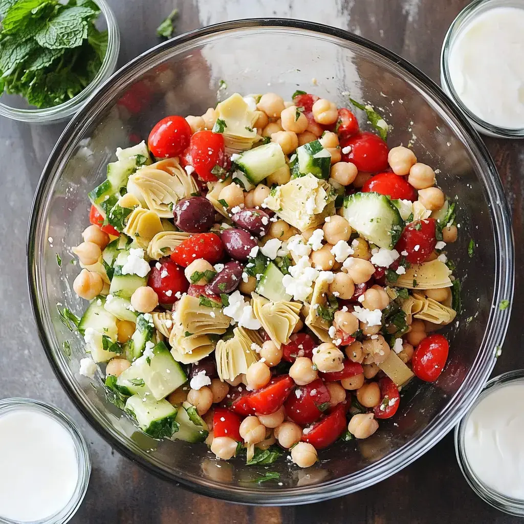 A glass bowl filled with a colorful salad featuring chickpeas, cherry tomatoes, cucumbers, artichoke hearts, black olives, and crumbled feta cheese, with bowls of yogurt and fresh mint nearby.