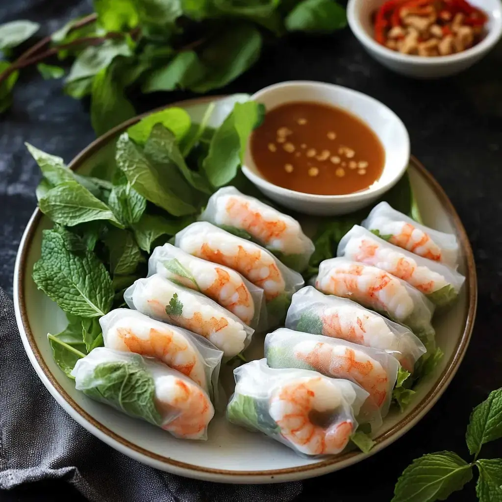 A plate of fresh shrimp spring rolls is surrounded by mint leaves and served with a small bowl of dipping sauce.