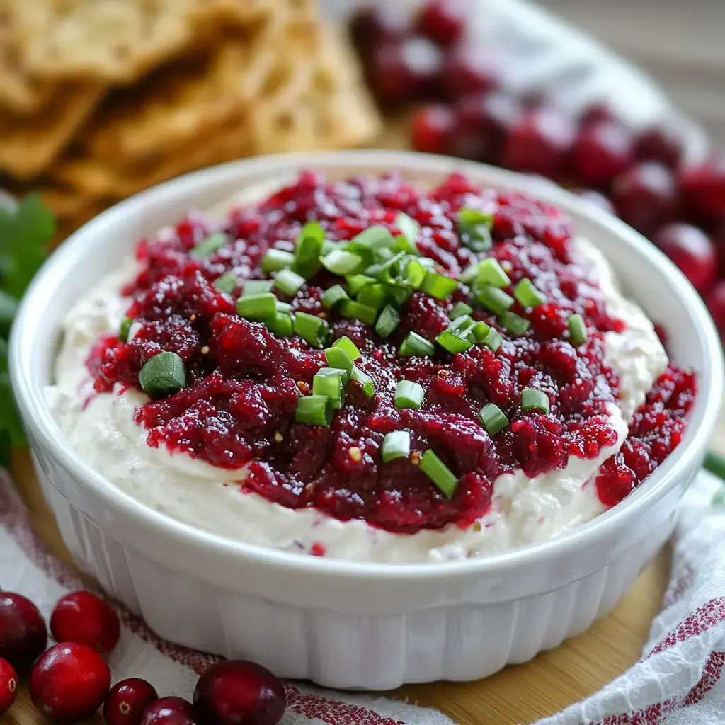 A bowl of creamy dip topped with cranberry sauce and chopped green onions, surrounded by fresh cranberries and crackers.