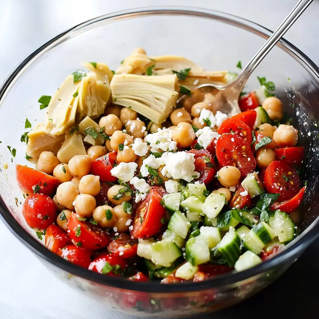 A vibrant salad featuring chickpeas, cherry tomatoes, cucumber, artichokes, and crumbled feta cheese in a glass bowl.