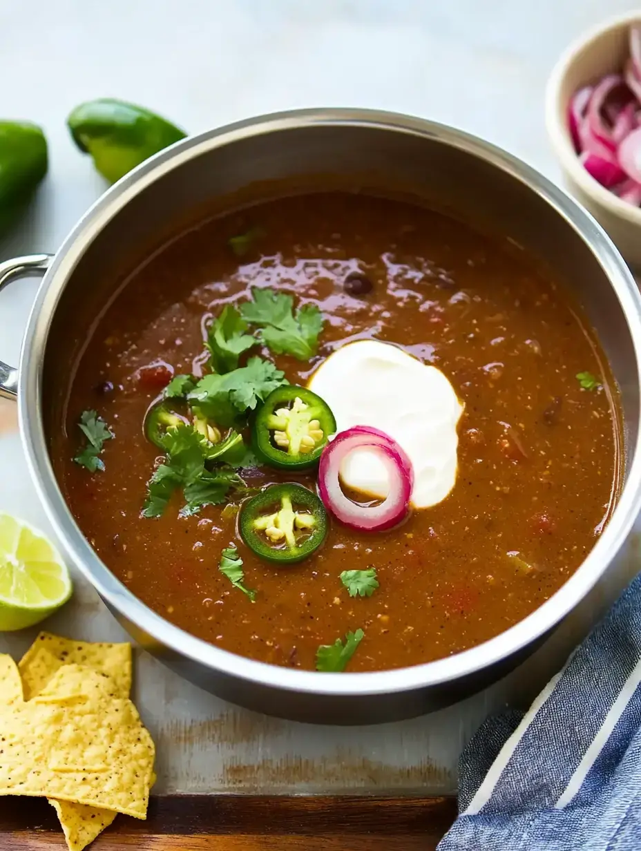 A bowl of rich, dark soup topped with jalapeño slices, cilantro, onion rings, and a dollop of sour cream, accompanied by tortilla chips and lime wedges.