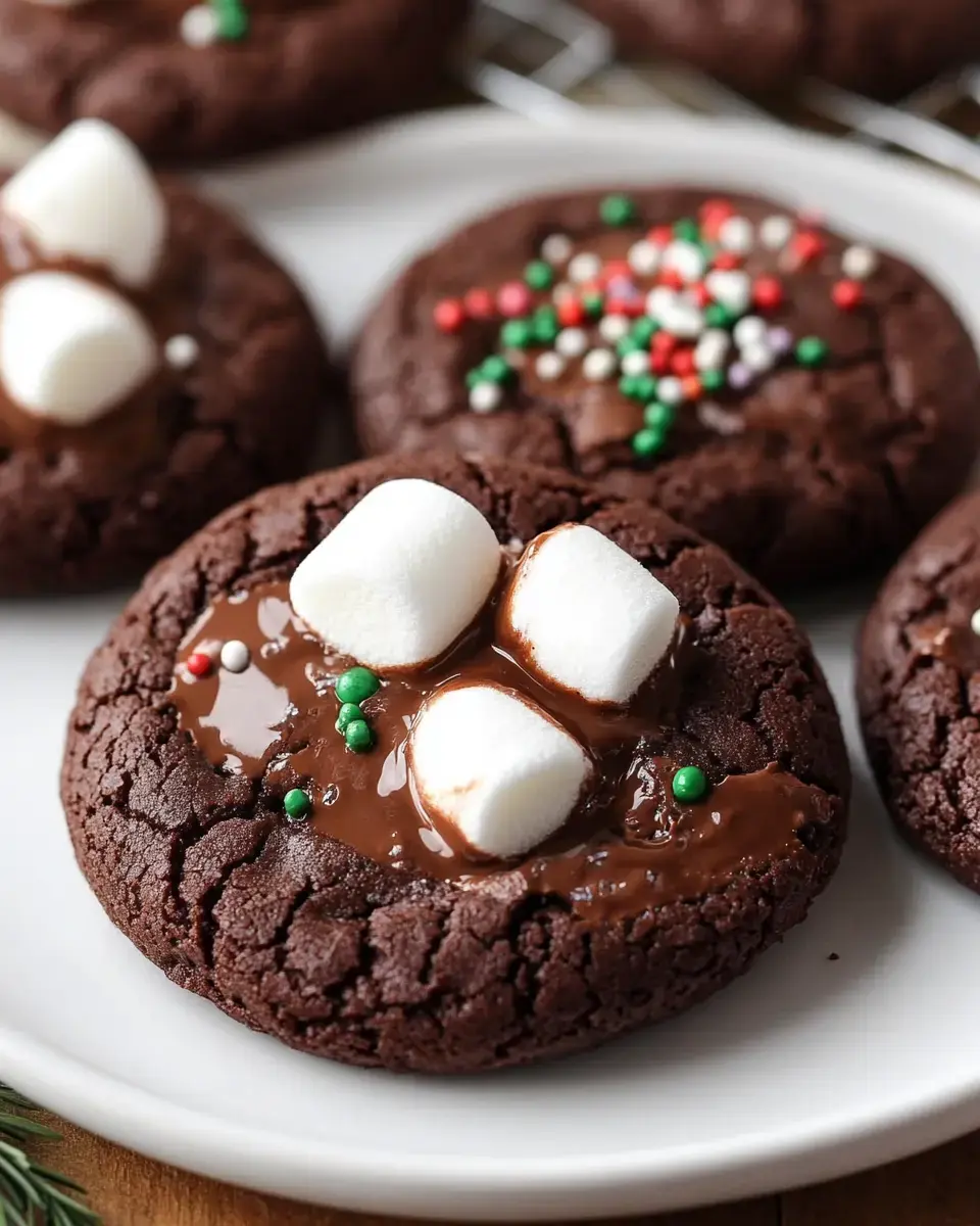 A plate of chocolate cookies topped with melted chocolate, marshmallows, and colorful sprinkles.